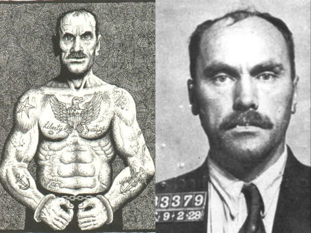Foto přes popraven dnes Jeho tetování zahrnovalo: kotvu lodi na levé paži, na pravé straně další kotvu, orel a hlavu čínského muže. Na hrudi měl dva orly a slova