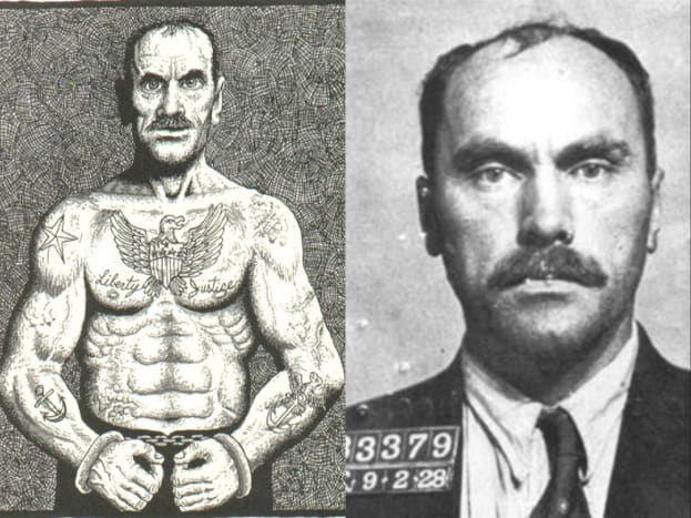 Foto via executetodayDer Serienmörder Carl Panzram war sowohl in seiner Größe als auch in der obszönen Gewalt, die er bei seinen kriminellen Aktivitäten an den Tag legte, ein Monster von einem Mann. Zu seinen Tätowierungen gehörten: ein Bootsanker an seinem linken Arm, an seinem rechten war ein weiterer Anker, ein Adler und der Kopf eines chinesischen Mannes. Auf seiner Brust hatte er zwei Adler und die Worte