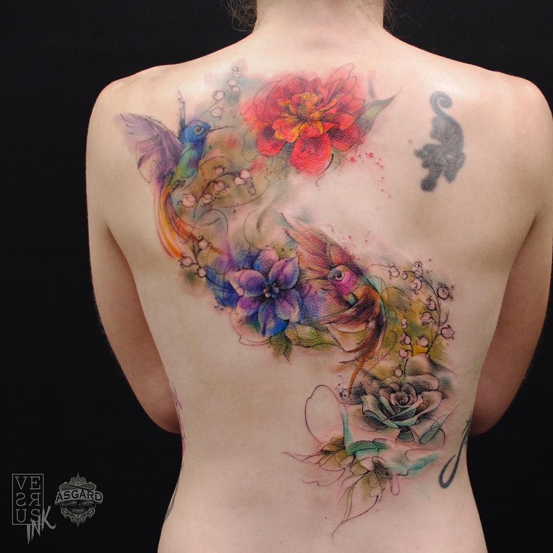 beautiful-watercolor-flower-and-bird-tattoo-95