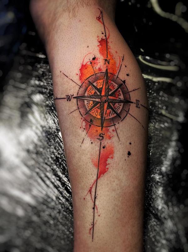 Akvarel tetování větrné růžice na tele pro muže