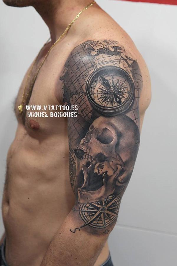 Kompass-mit-Schädel-Ärmel-Tattoo-42