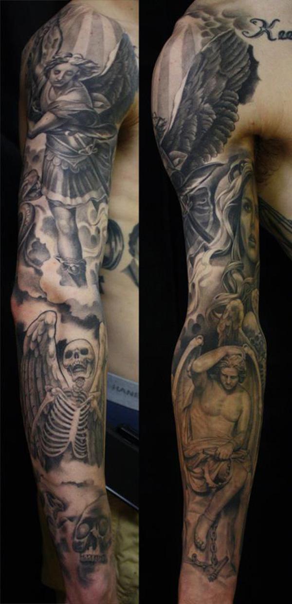 Úhlové a kostrové tetování na plném rukávu pro muže