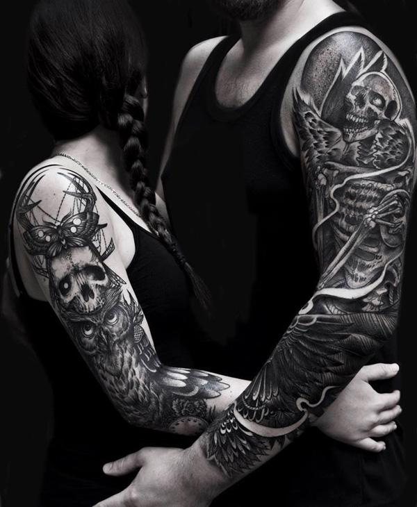 Blackwork odpovídající tetování na pažích pro milovníky