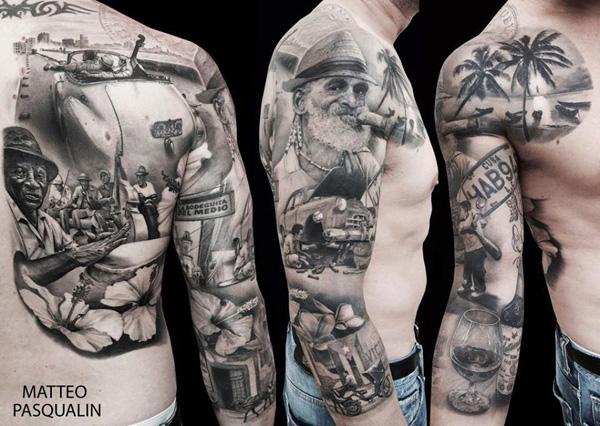 Černé a šedé tetování na rukávu s filmovými scénami pro muže