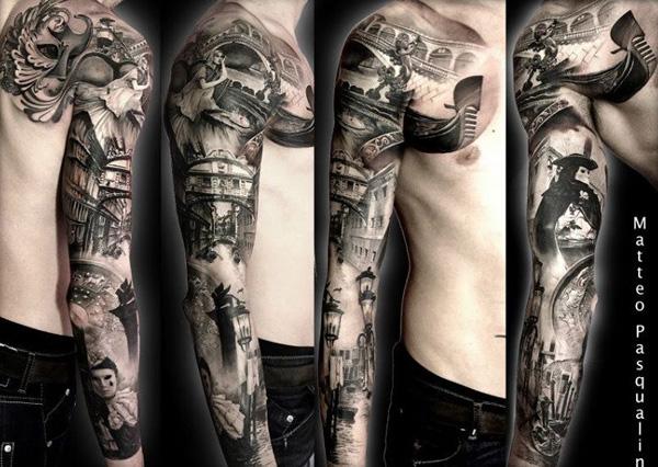 Černé a šedé tetování na rukávu s tajemnými scénami pro muže
