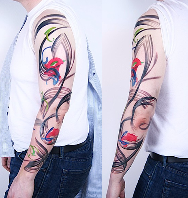 Stylizované květiny a listy rukáv tetování ve stylu akvarelu