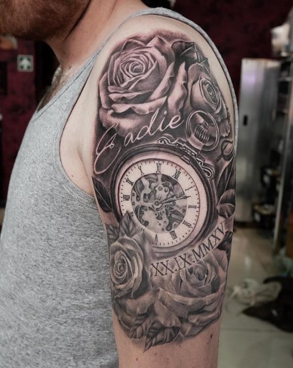 kapesní hodinky-a-růže-půl rukávu-tetování-95