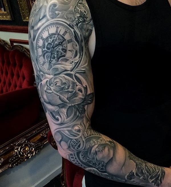 relistic-clock-and-rose-full-sleeve-tattoo-for-man-77