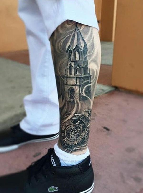 relistic-pocket-watch-and-castle-leg-tattoo-99