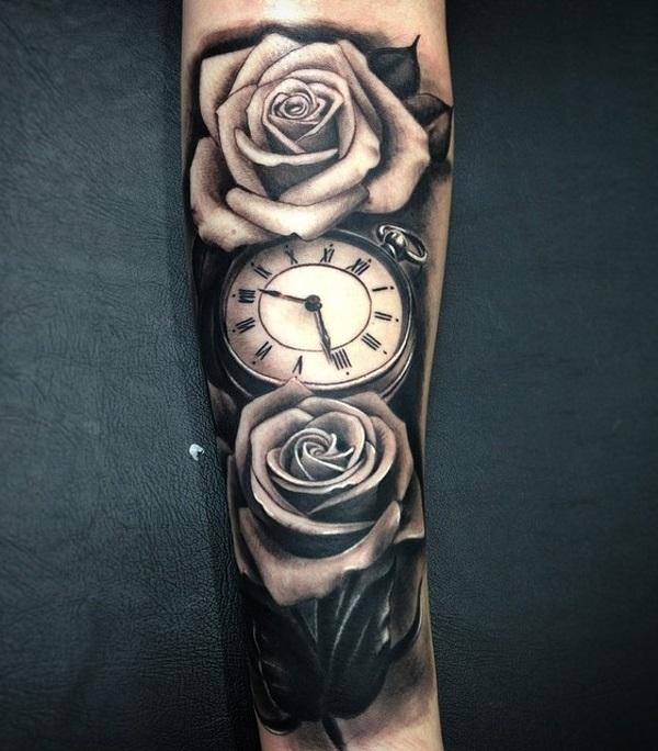 ساعة الجيب relistic-Pocket-watch-and-Rose-الساعد-وشم -71