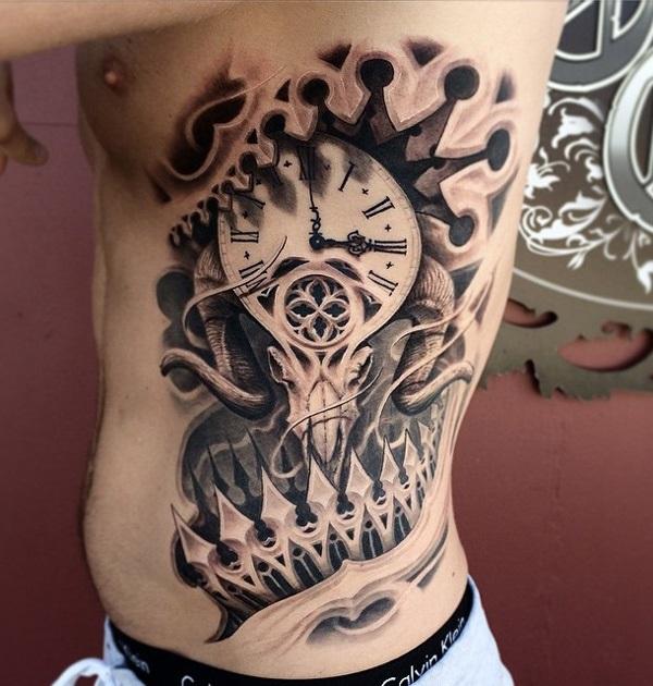3d-Clock-and-skull-side-tattoo-for-man-67