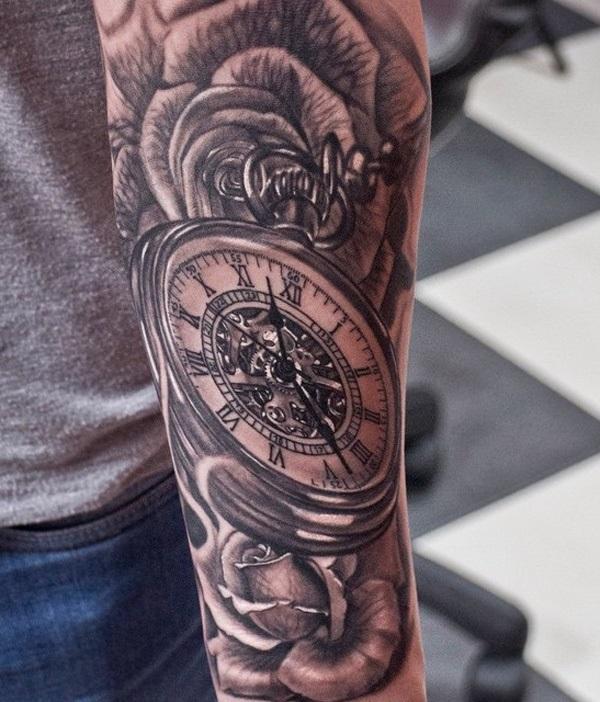 3D-hodinky-a-květinový rukáv-tetování-74