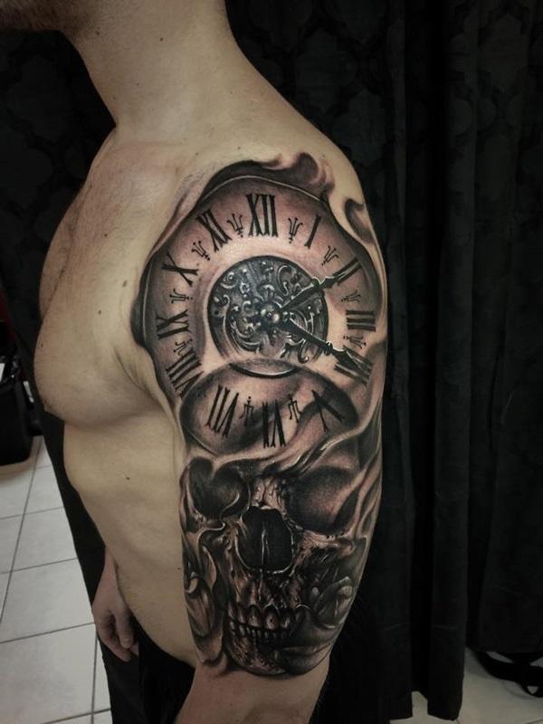 hodiny-a-lebka-poloviční rukáv-tetování-60