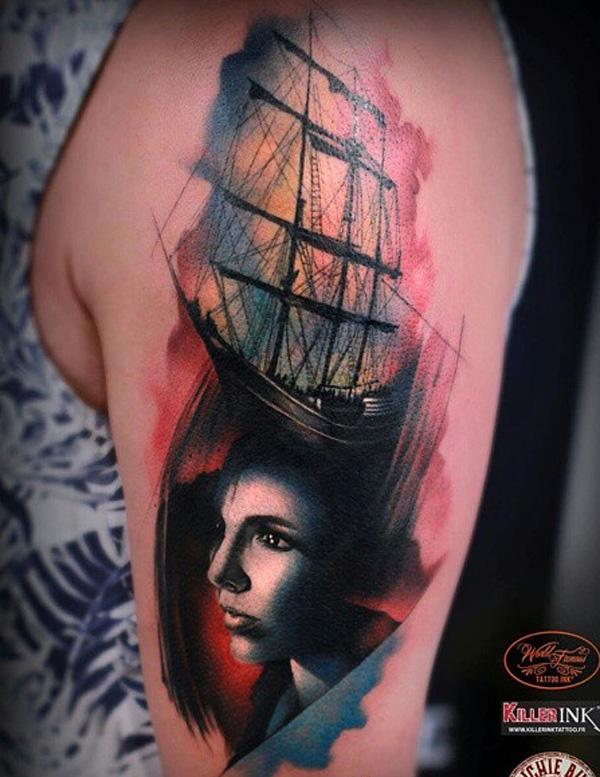 Akvarel loď s portrétem tetování pro ženy-71