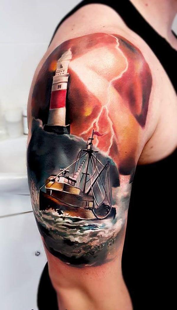 3D loď s majákem s polovičním rukávem tetování-61