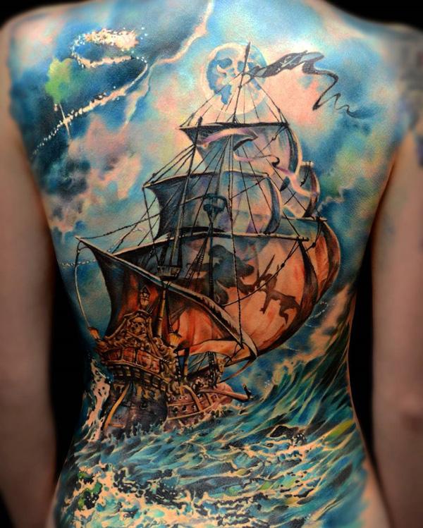 Barevná loď s plnými zády tetování-81