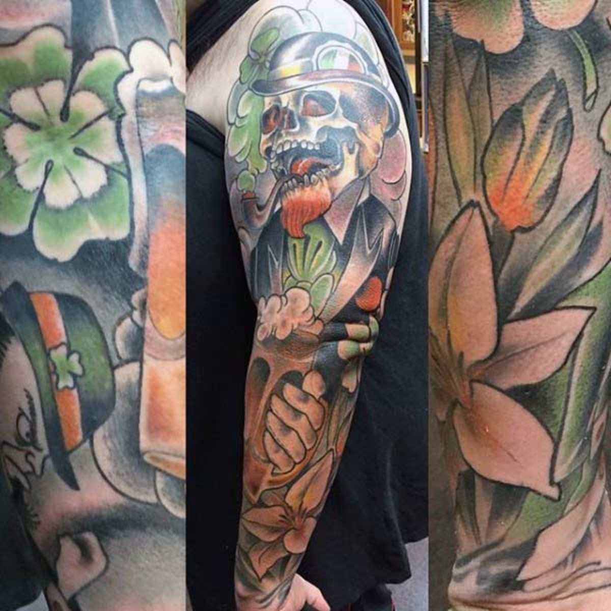 pánské tetování s plným rukávem a irskou tematikou