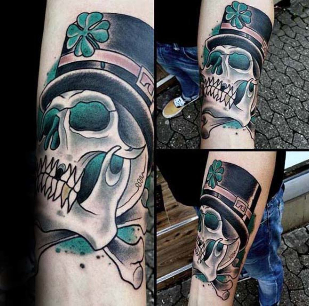 Totenkopf-und-Kreuz-Knochen-Herren-irish-Themen-Innen-Unterarm-Tattoos-2