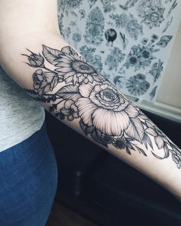 Živé slunečnicové tetování předloktí pro ženy