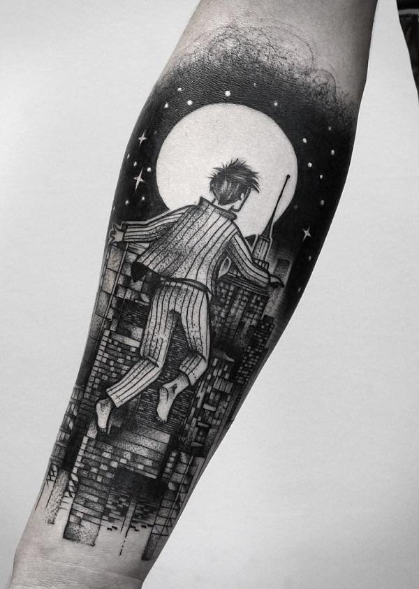 Dotwork s mužem běžícím k Měsíci