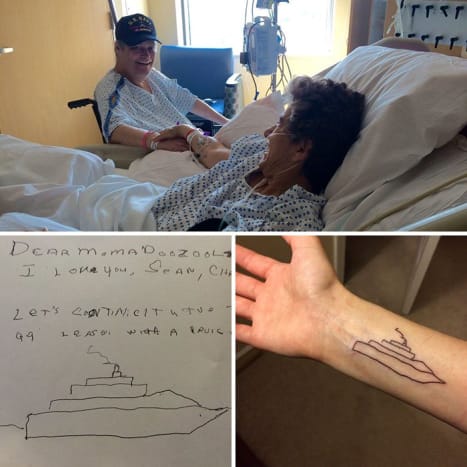 Seine Eltern waren beide gleichzeitig mit Krebs im Krankenhaus. Dies ist eine Notiz, die sein Vater an seine Mutter schrieb, als sie beide zu krank waren, um sich gegenseitig zu besuchen.