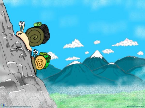 حلزونان من الرسوم المتحركة يتسلقان جبلًا