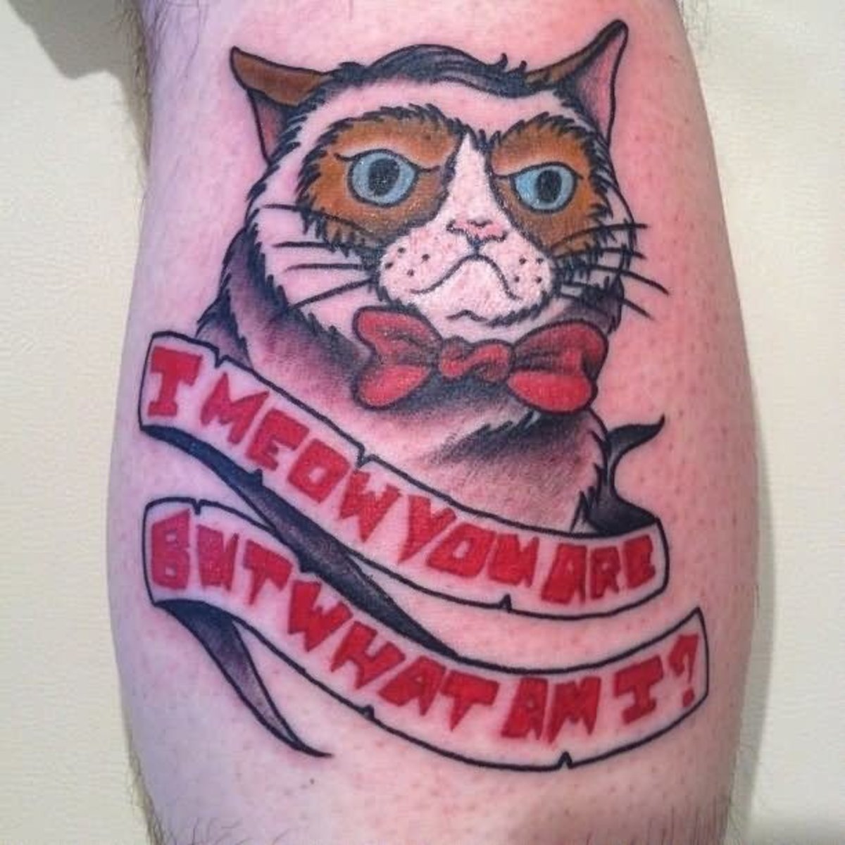 Banner-And-Grumpy-Cat-Tattoo-On-Back-Bein