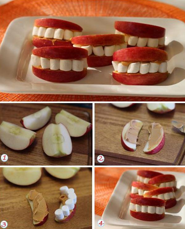 Halloween-Zähne-Rezept – Einfache Rezepte – Äpfel, Erdnussbutter, Marshmallows + Albernheit