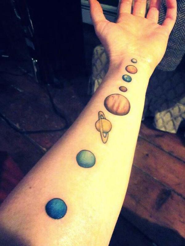 Tetování na předloktí se slunečními planetami tvořící přímku