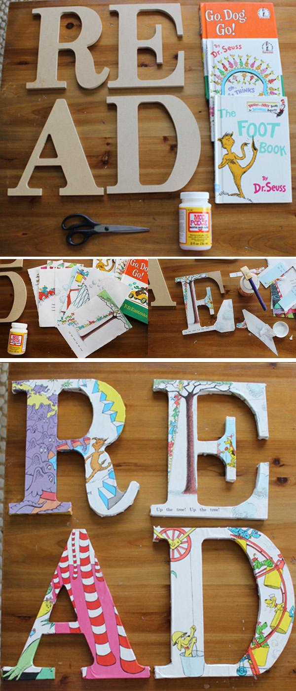 DIY DECOUPAGE DR. SEUSS PŘEČTĚTE SI PODPIS PRO DĚTSKOU KNIHU