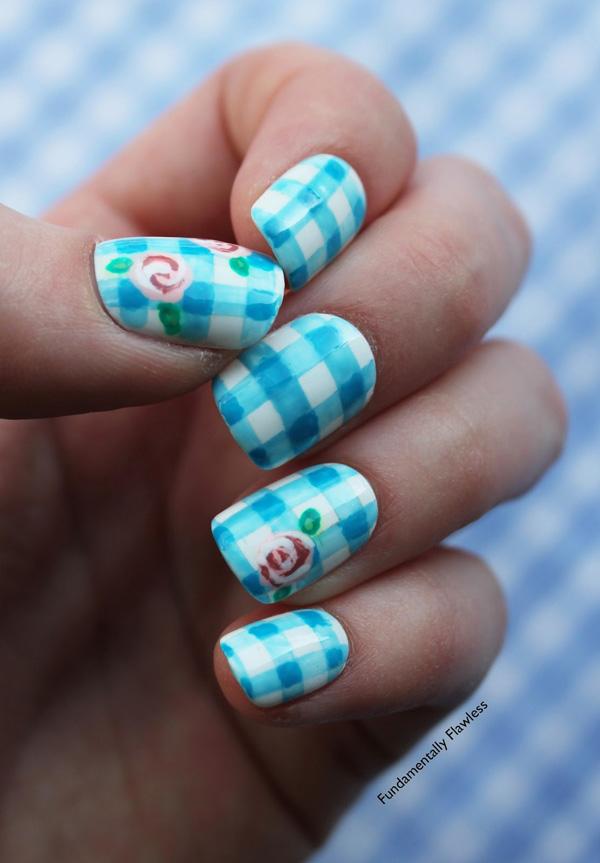 Blue Gingham and Roses Nail