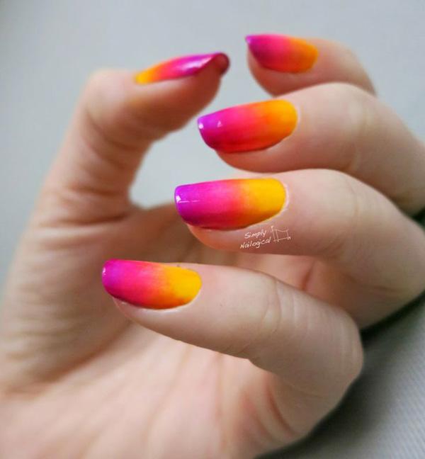 jednodušenalogický neonový gradient nail art žlutá oranžová růžová červená a fialová