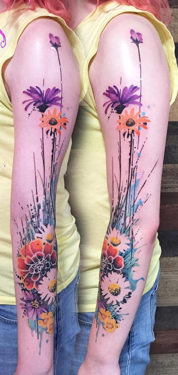 akvarel květinové rukávové tetování