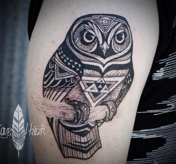 sova ilustrace styl rukáv tetování