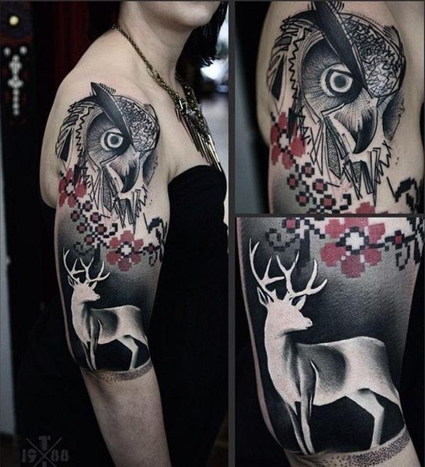 Tetování sova a jeleního rukávu