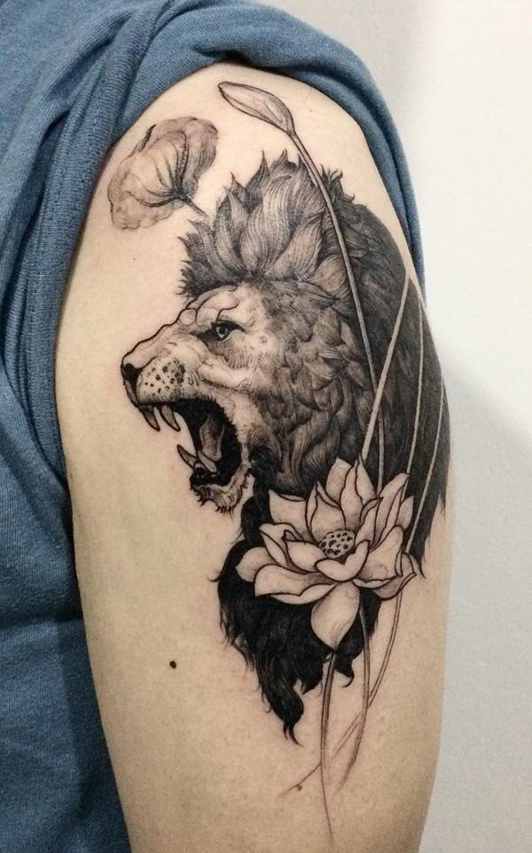 Tetování lva a lotosu
