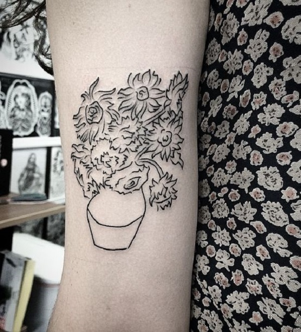 vincent van gogh tetování Sketched Vase of Sunflowers Tattoo
