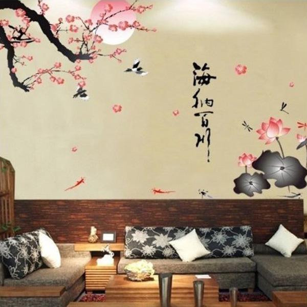 Obecná GEN74444 All River Into the Sea Plum Blossom Lotus Flowers Removable Wall Sticker