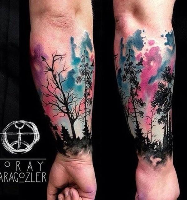 Watercolor Forest Tattoo on Wtist بواسطة Koray-Karagozler-15