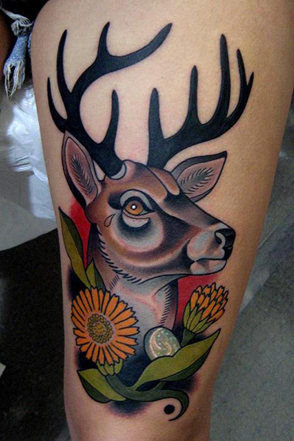 Hirsch Wandbild Oberschenkel Tattoo