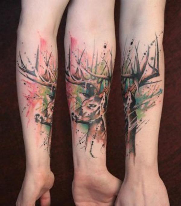 Akvarel tetování jelena na předloktí