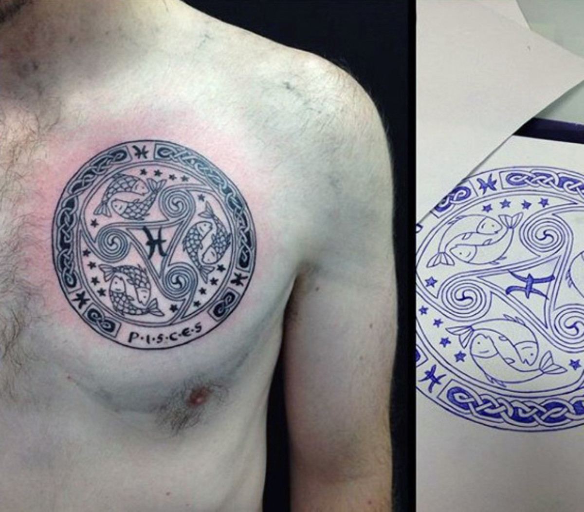 coole-fische-themed-mens-circle-upper-brust-tattoos