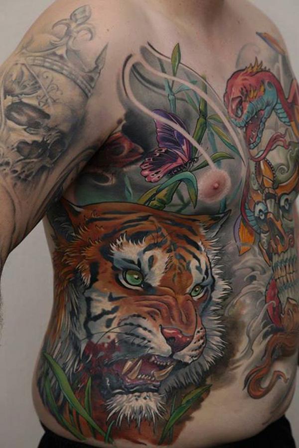 apanské tetování s barevným tygrem, hadem, drakem a motýlem
