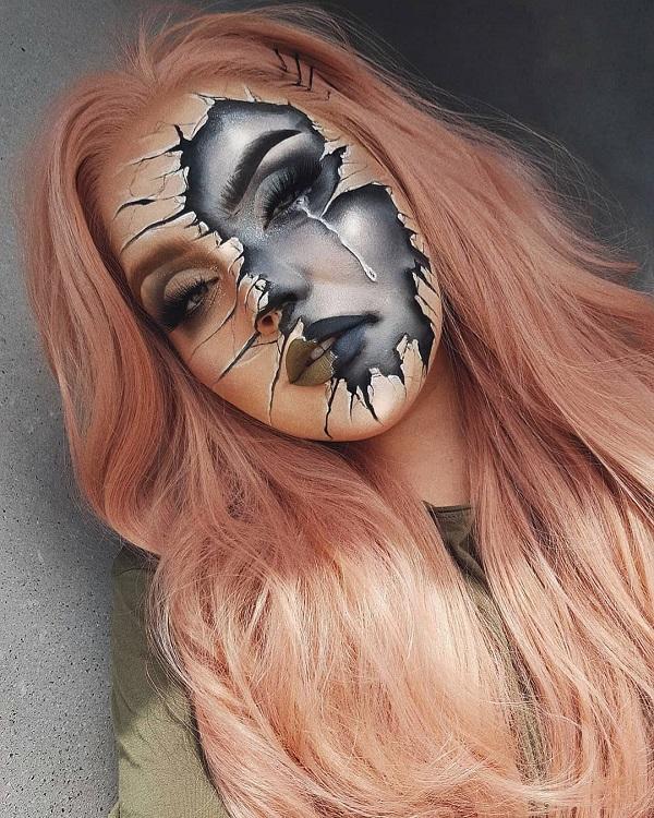 Schwarzer Spiegel Zerbrochenes Gesicht Halloween Make-up