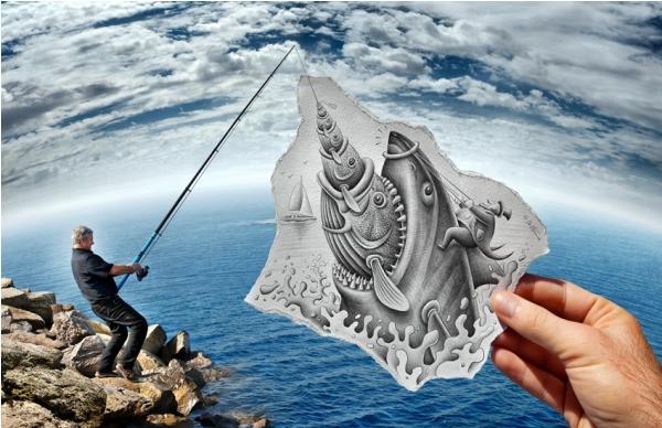 3D kresba rybáře od Ben Heine