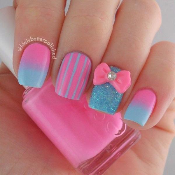 Růžový a modrý přechod s mašlí nail art-13