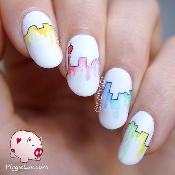 water color city skyline nail art