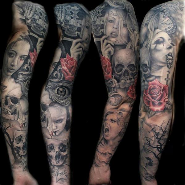 Full Sleeve Tattoo mit Braut, Totenkopf und gruseligen Gesichtern