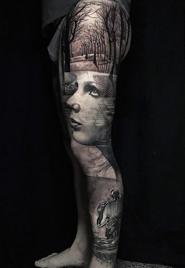 Schwarzweißes surrealistisches Tattoo am ganzen Bein