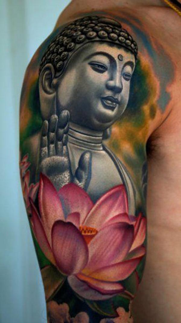 3D tetování buddha a louts s polovičním rukávem